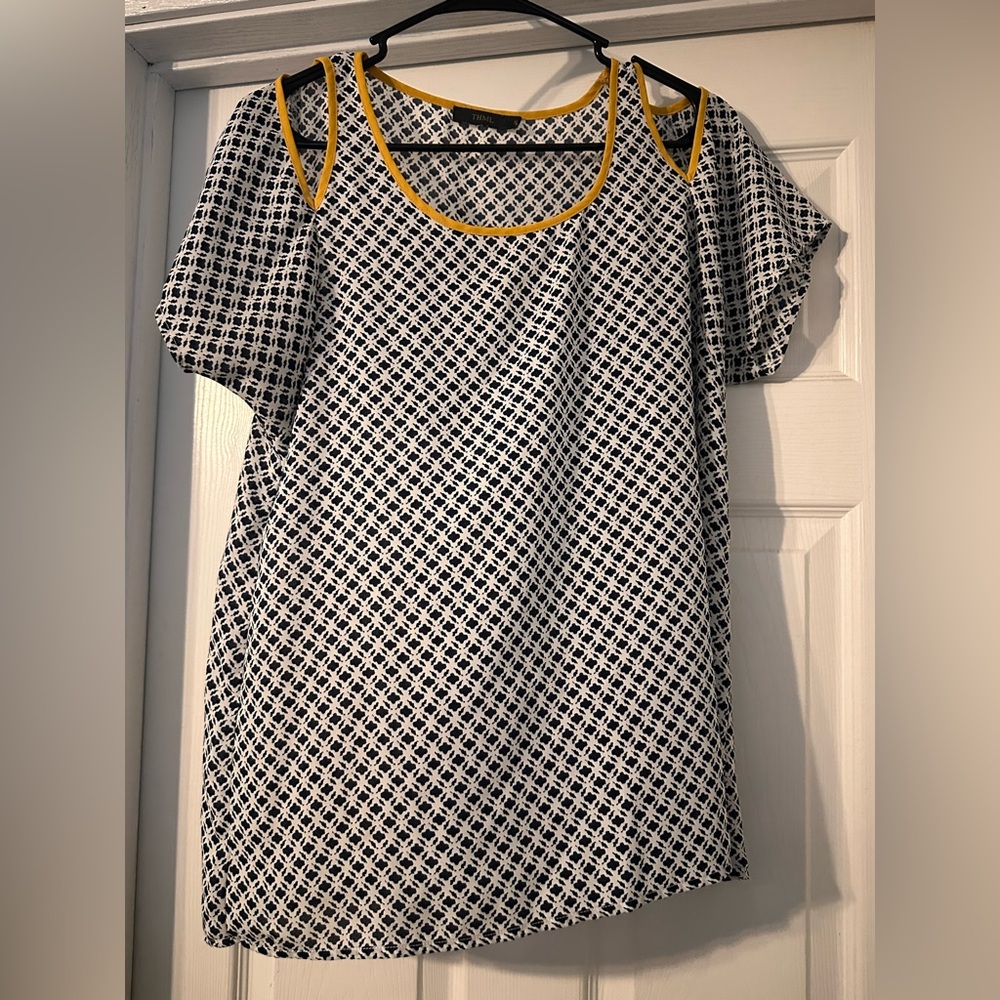 THML Women’s Blue White Yellow Trim Cold Shoulder Peek A Boo Blouse Top Sz M